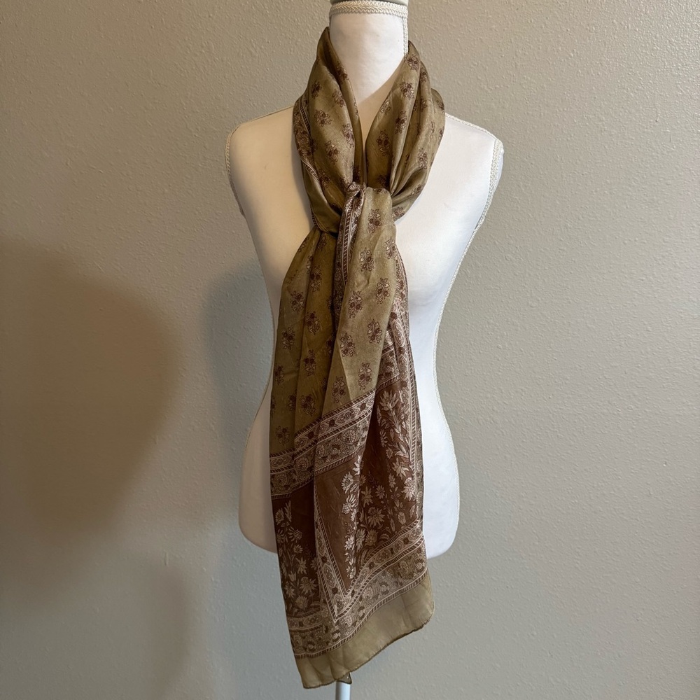 100% Pure Silk Floral Scarf | Golden Tan & Mauve Pink-ish 20" x 68" Spring Piece - Picture 2 of 9
